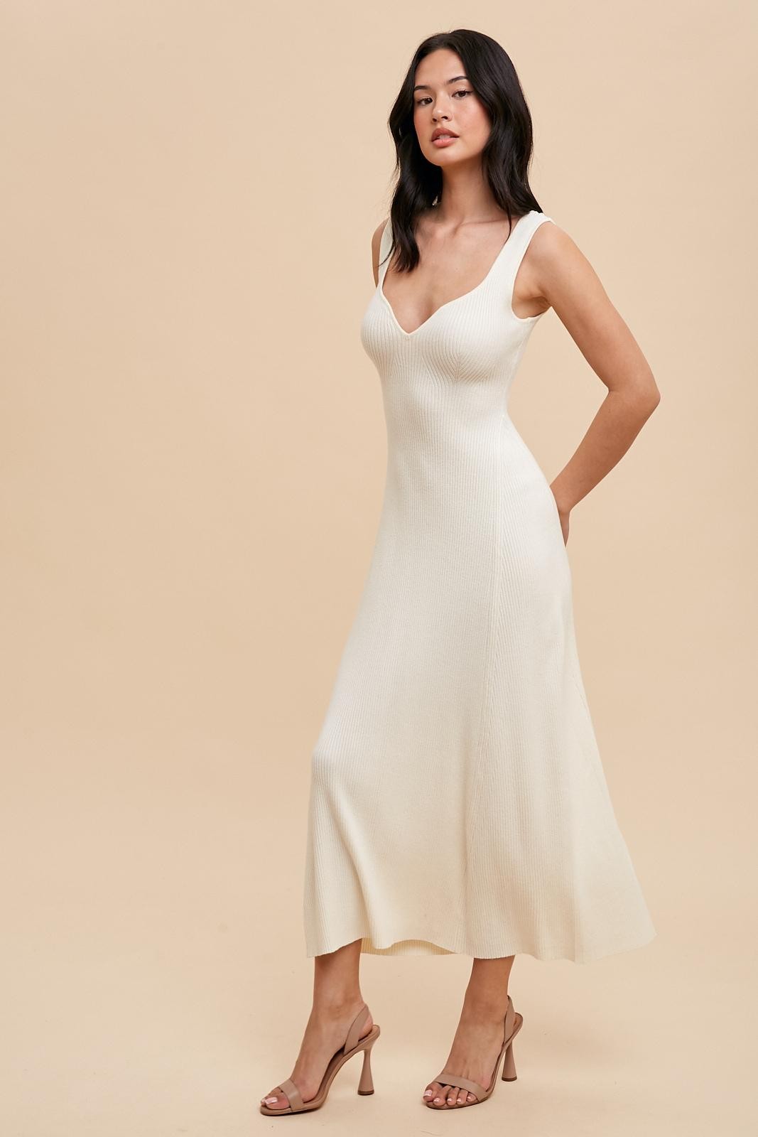 Cream Knit Deep V-Neck Maxi Dress