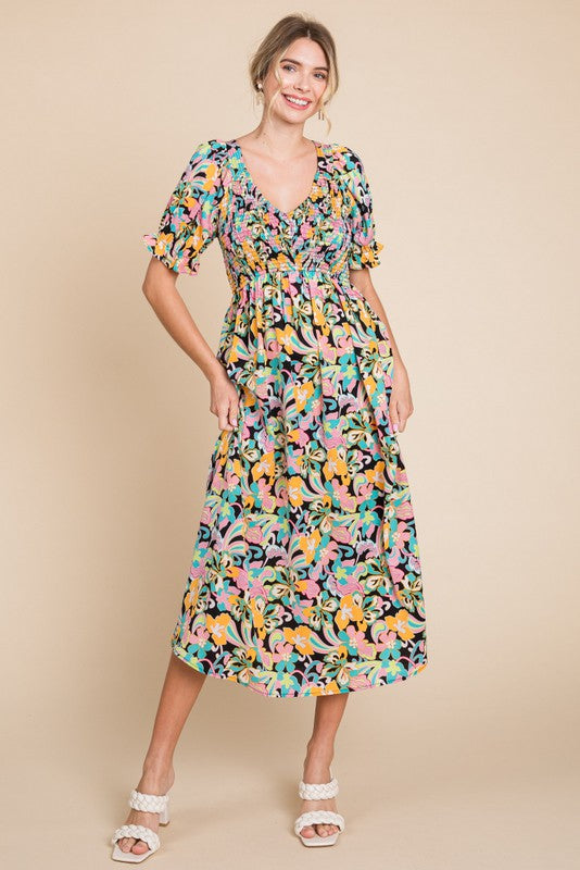 Black Floral Smocked Ruffle Short Sleeve Maternity Midi Dress