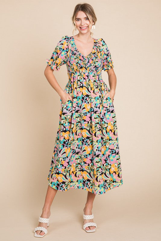 Black Floral Smocked Ruffle Short Sleeve Midi Dress