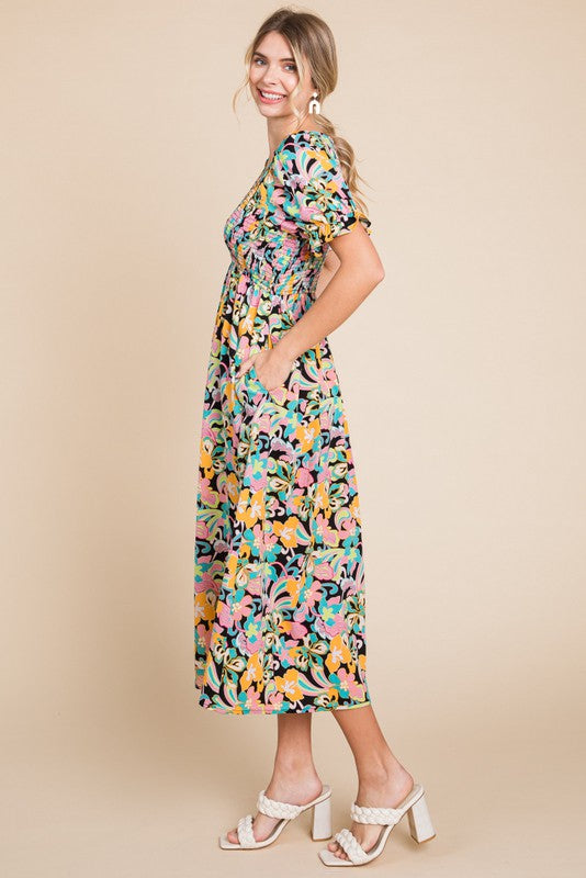 Black Floral Smocked Ruffle Short Sleeve Midi Dress