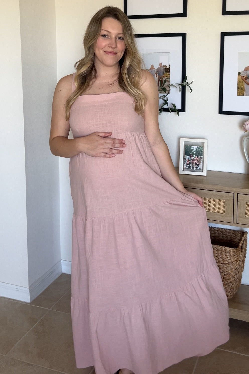 Light Pink Tiered Maternity Maxi Dress