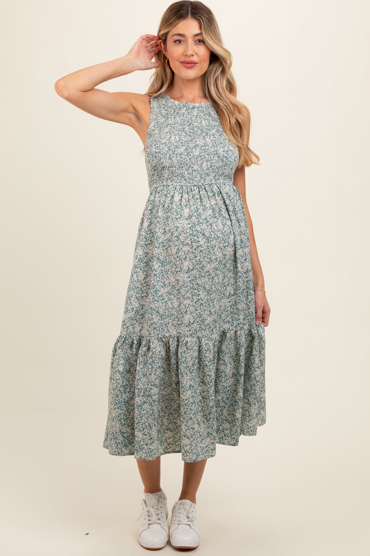 Teal Floral Smocked Ruffle Hem Sleeveless Maternity Midi Dress