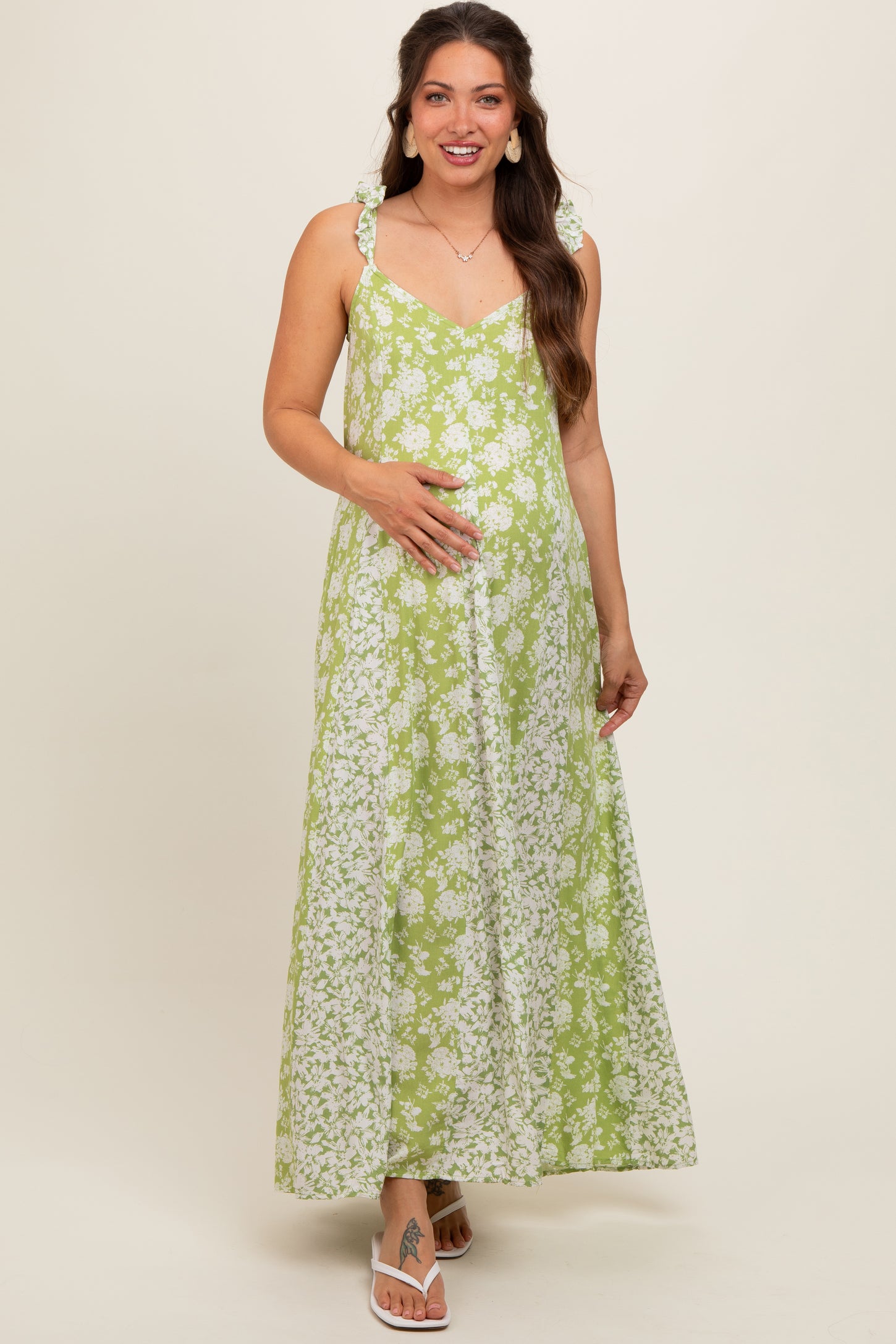 Lime Floral Ruffle Shoulder Cut-Out Back Maternity Maxi Dress