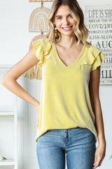 Yellow Flutter Sleeve Ribbed Maternity Top