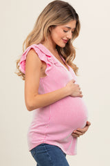 Pink Flutter Sleeve Ribbed Maternity Top