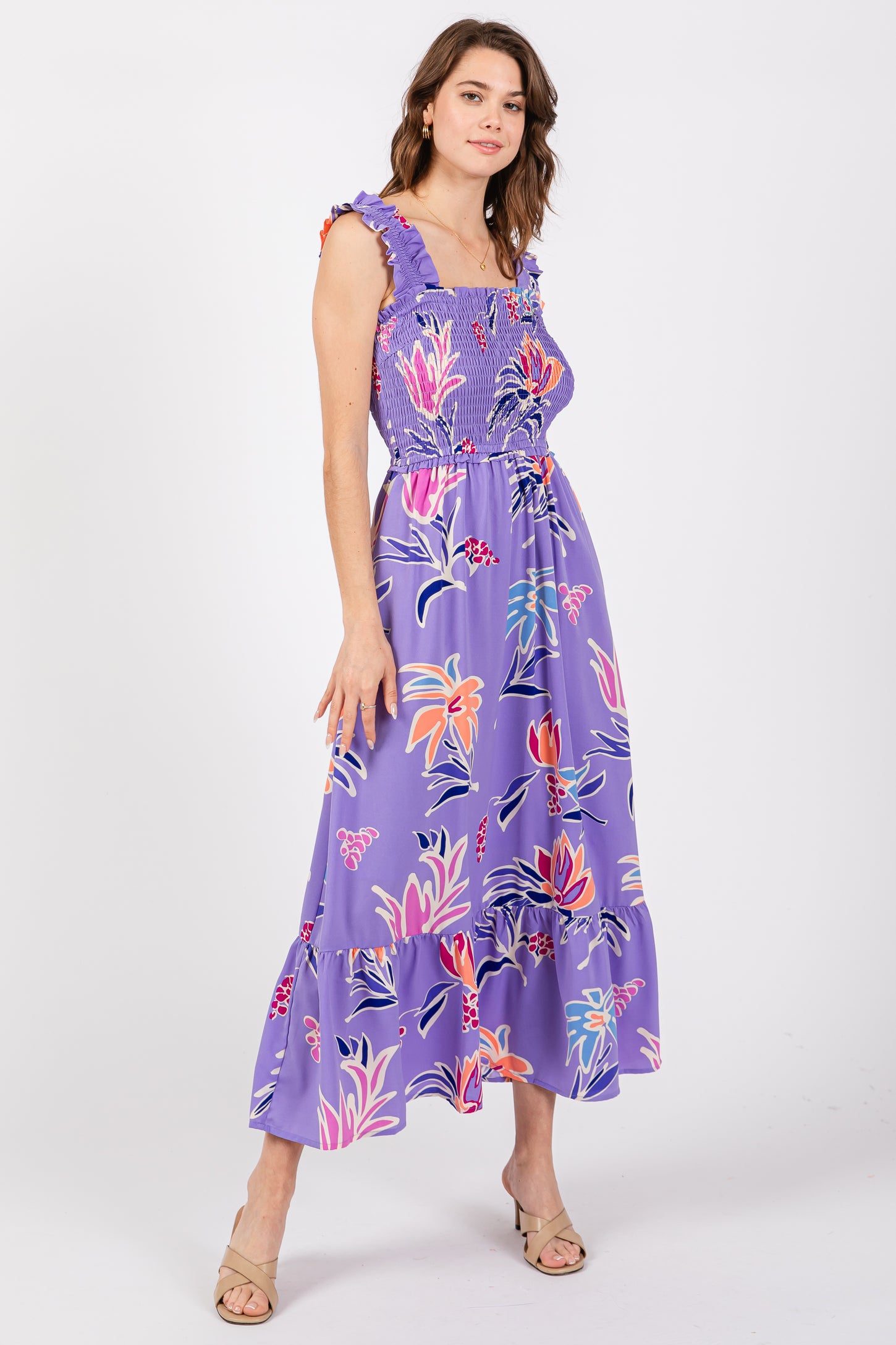 Lavender Floral Smocked Maternity Midi Dress