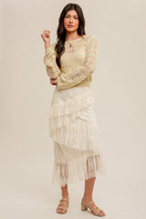 Cream Asymmetrical Tiered Lace Skirt