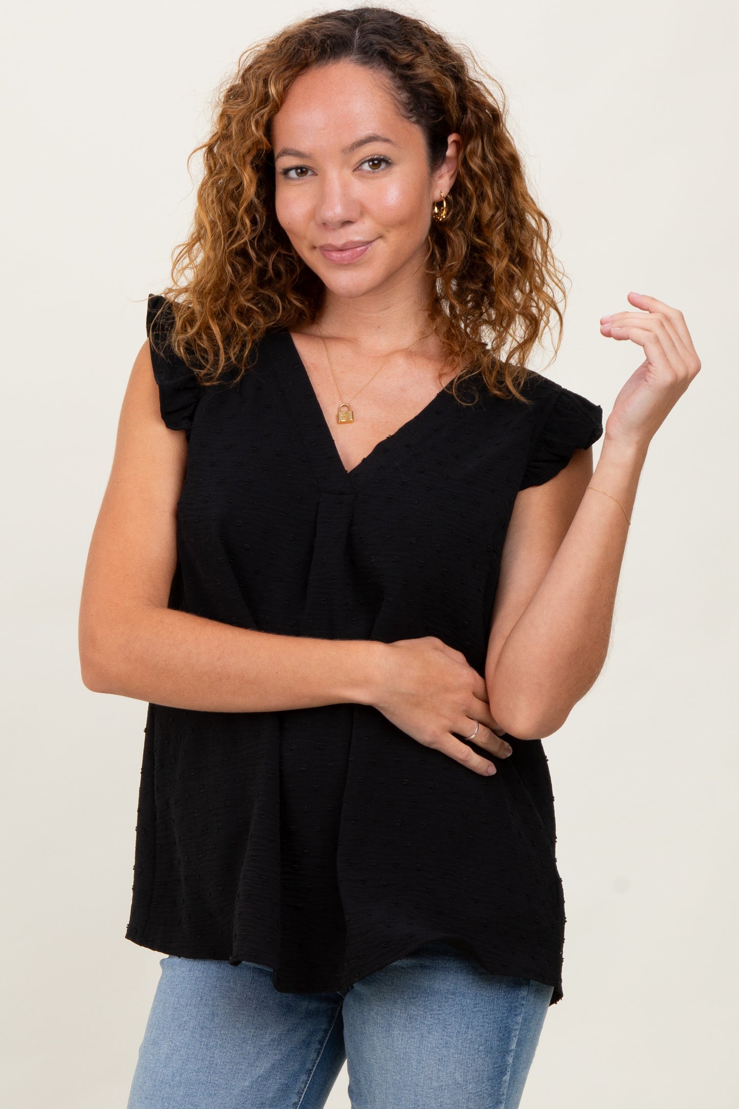 Black Swiss Dot Flutter Sleeve V-Neck Maternity Top