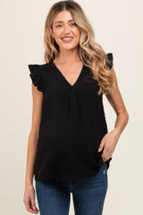 Black Swiss Dot Flutter Sleeve V-Neck Maternity Top