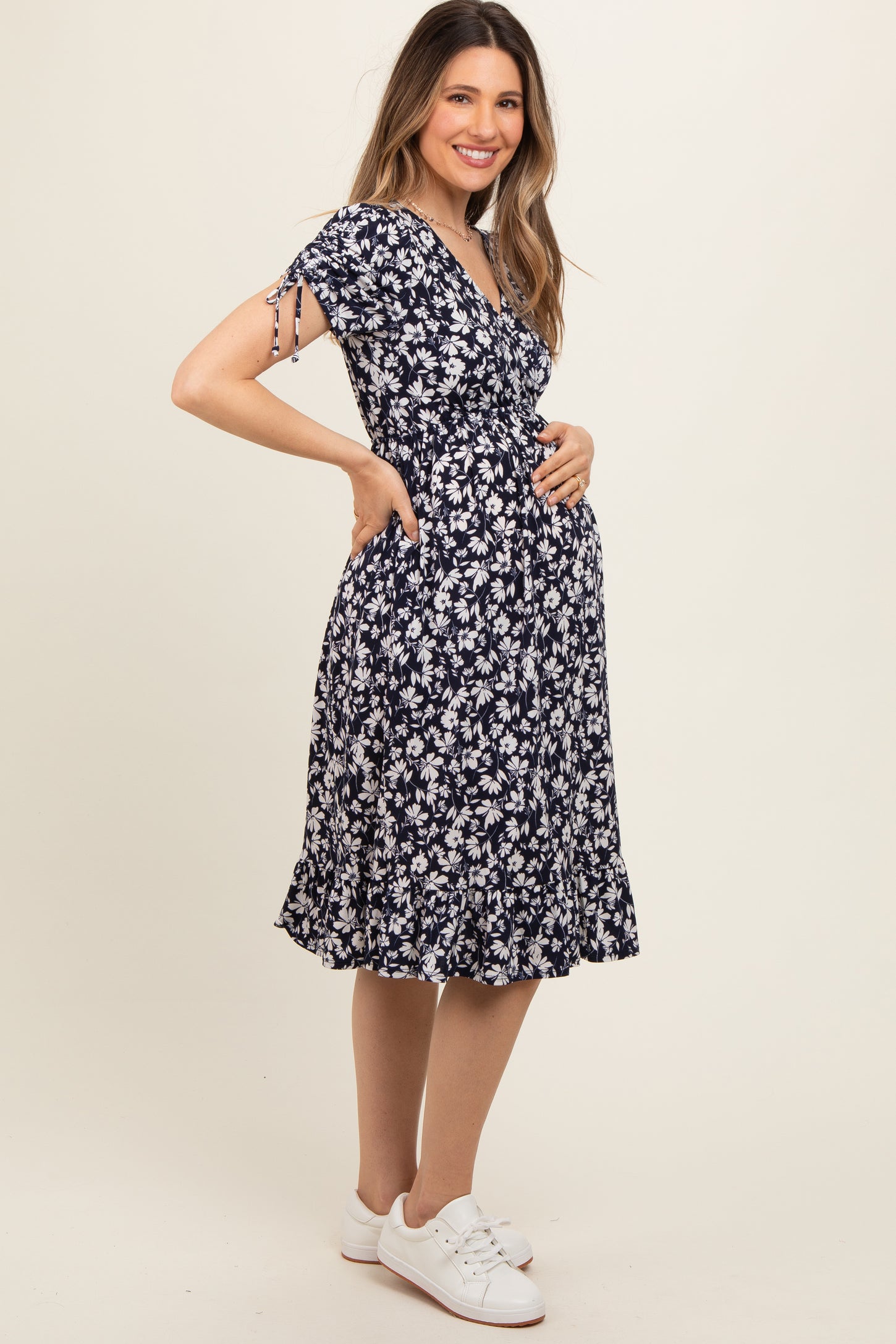 Navy Blue Floral Wrap Maternity Midi Dress