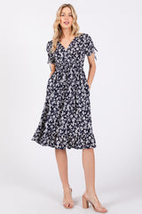 Navy Blue Floral Wrap Maternity Midi Dress