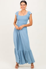 Light Blue Smocked Ruffle Hem Maxi Dress