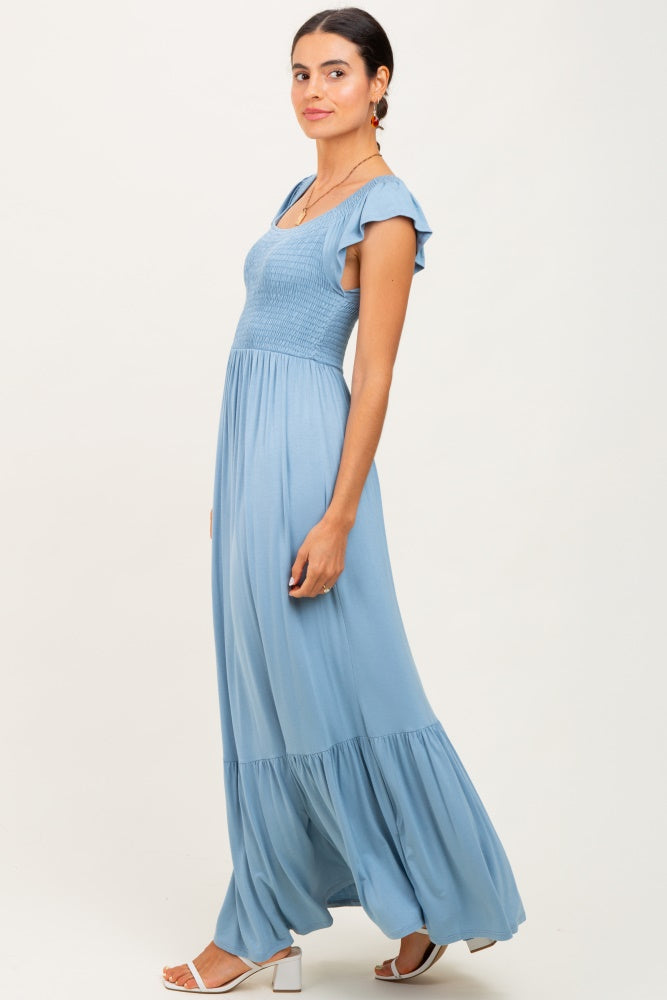 Light Blue Smocked Ruffle Hem Maxi Dress