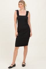 Black Ribbed Ruffle Strap Maternity Midi Dress