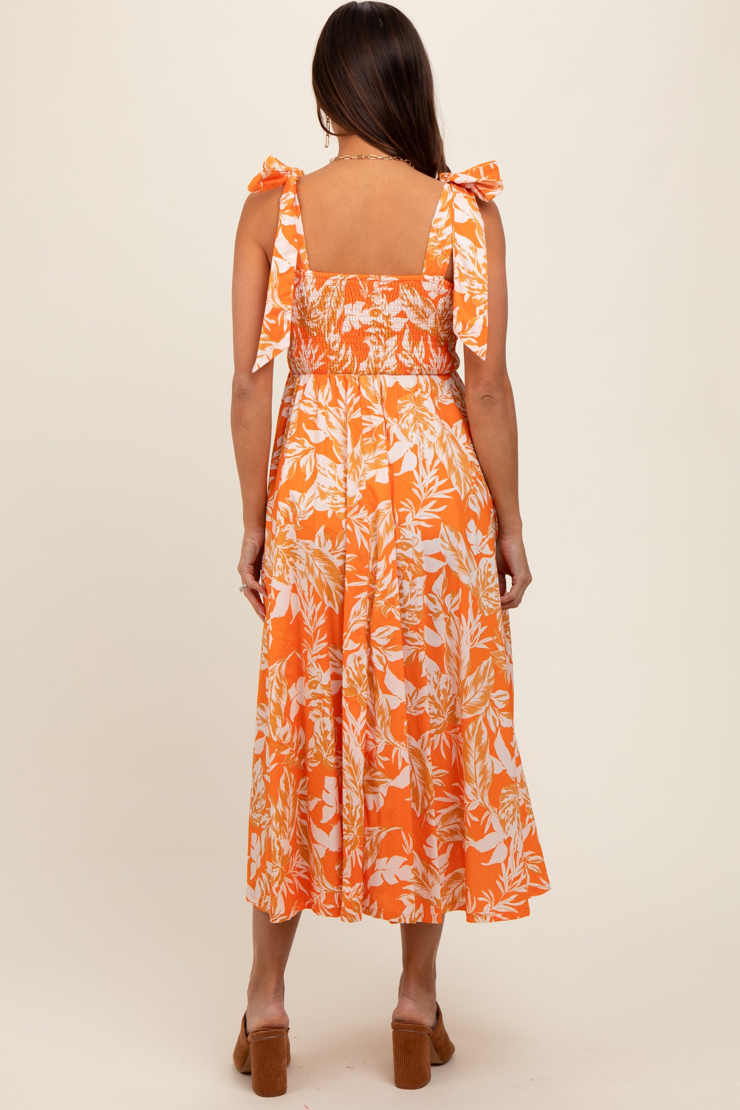 Orange Floral Smocked Tie Shoulder Maternity Midi Dress