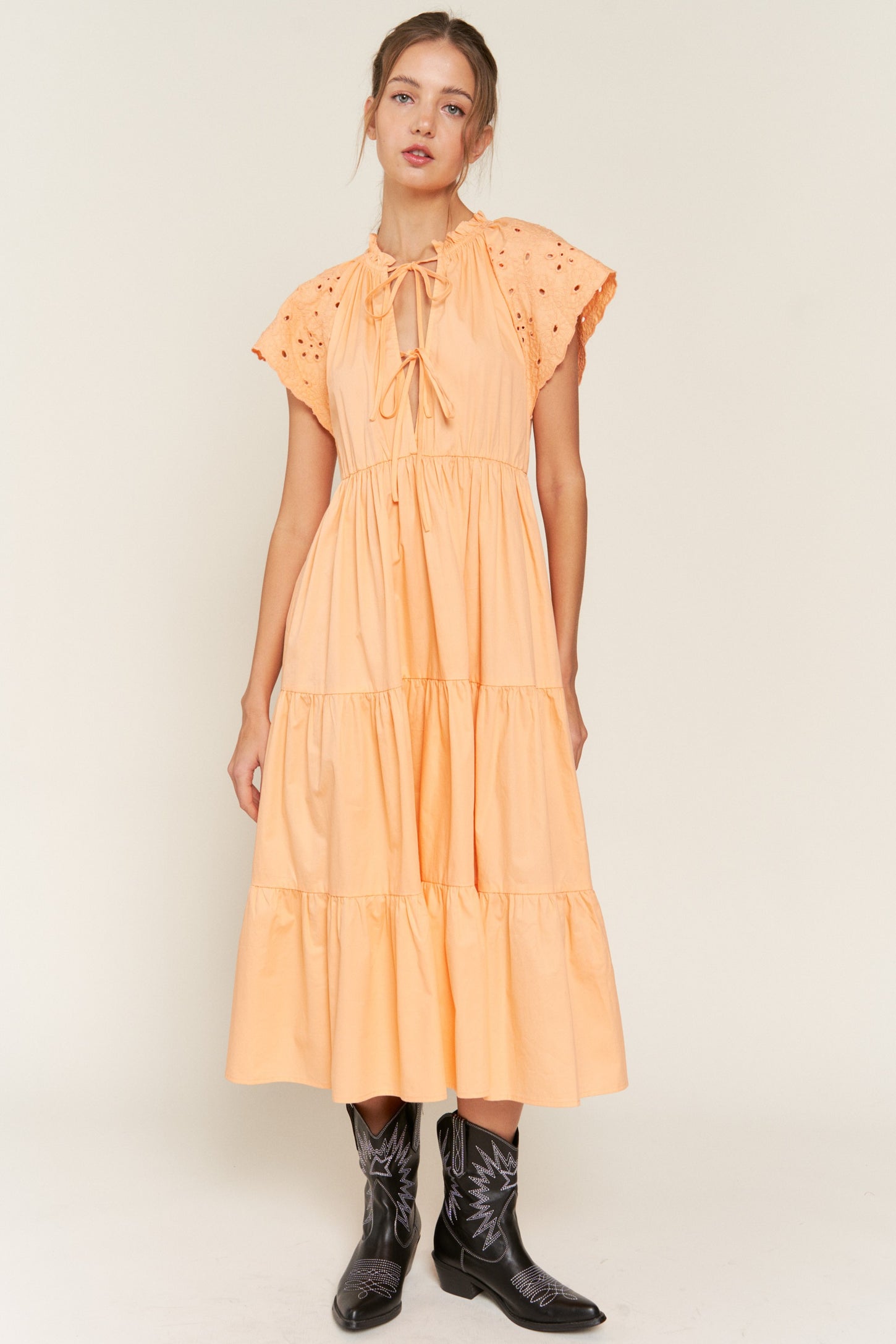 Peach Cotton Embroidered Midi Dress