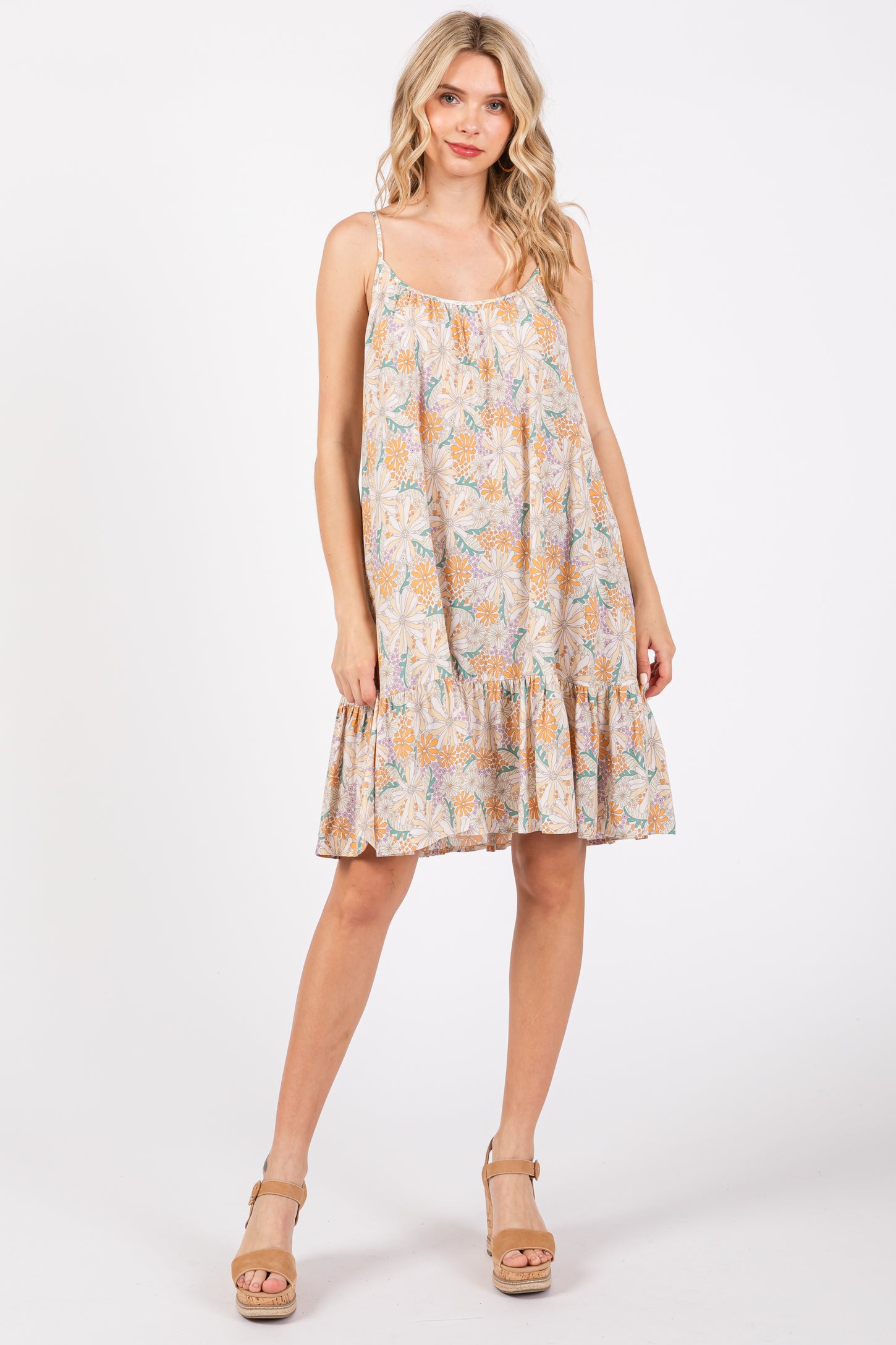 Cream Floral Sleeveless Mini Dress