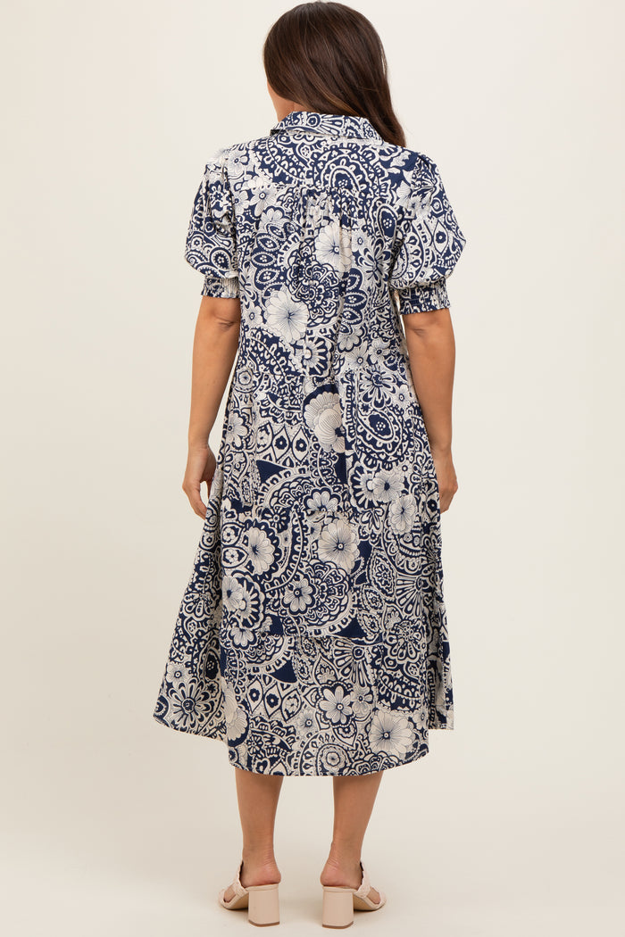Navy Blue Floral Collared Tiered Maternity Midi Dress