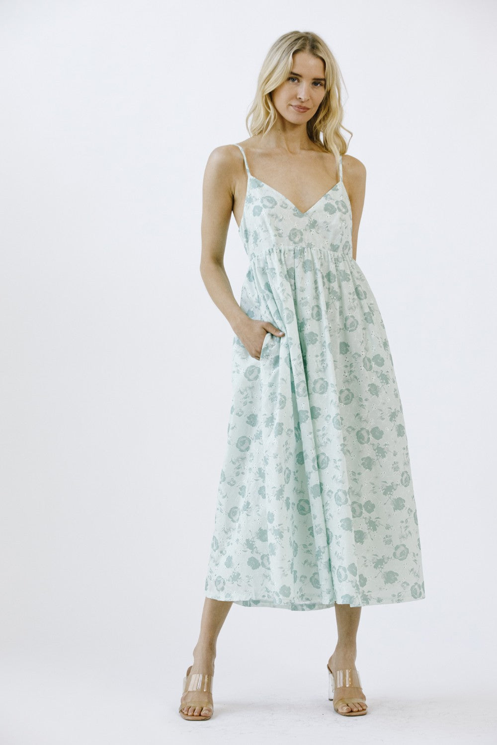 Mint Green Floral Eyelet V-Neck Midi Dress