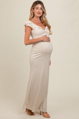 Beige Glitter Sweetheart Neck Ruffle Off Shoulder Maternity Maxi Dress