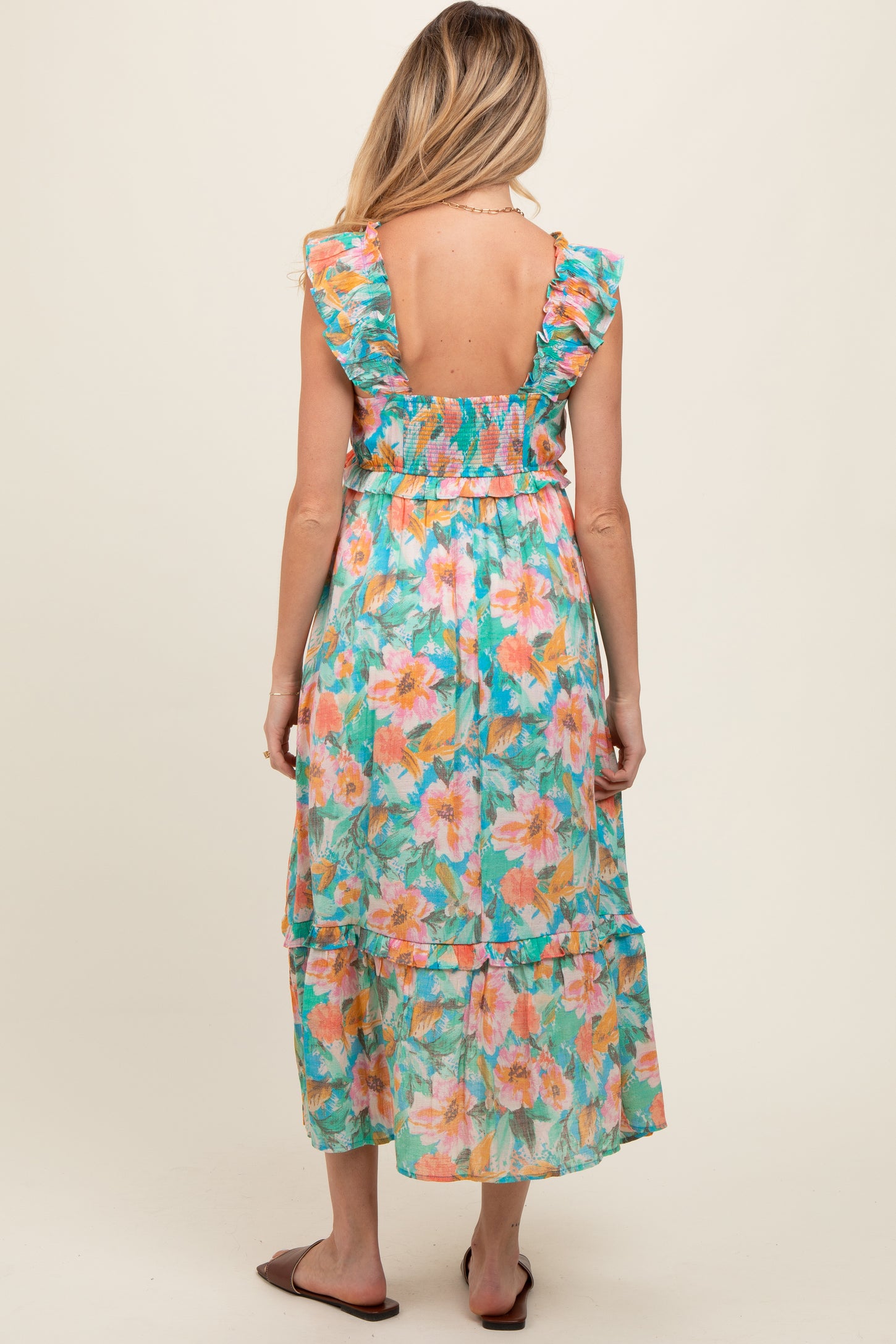 Aqua Watercolor Floral Ruffle Accent Maternity Midi Dress