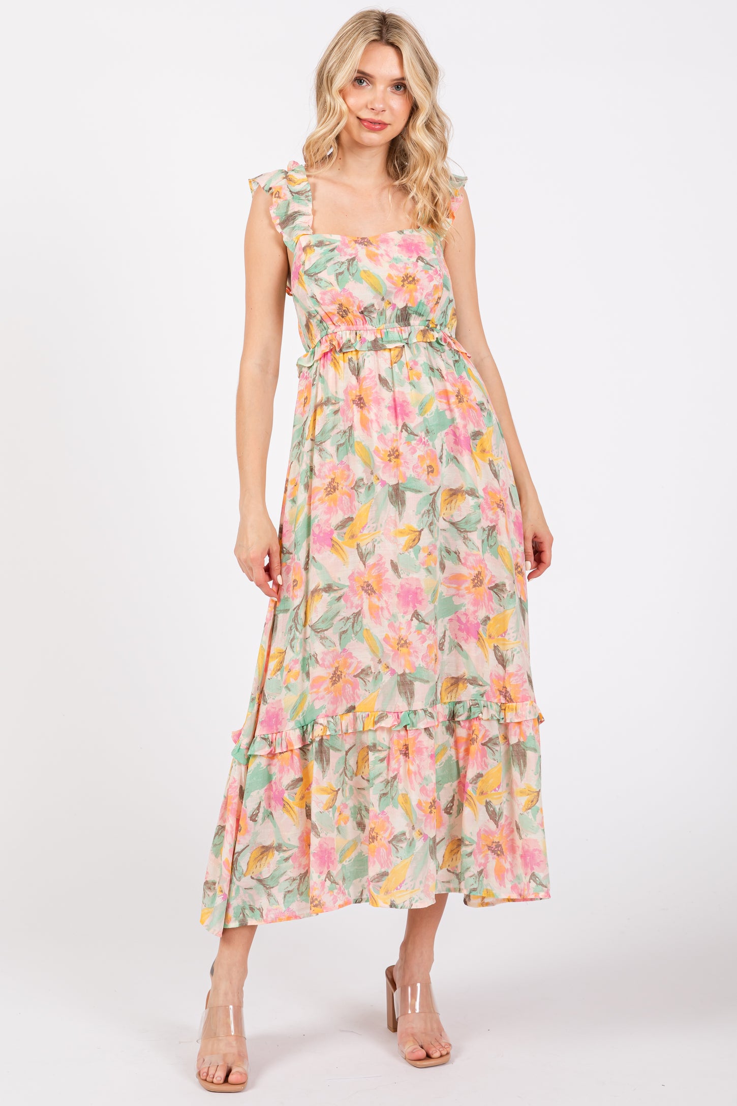 Ivory Watercolor Floral Ruffle Accent Maternity Midi Dress