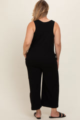 Black Ribbed Button Front Sleeveless Plus Maternity Jumpsuit