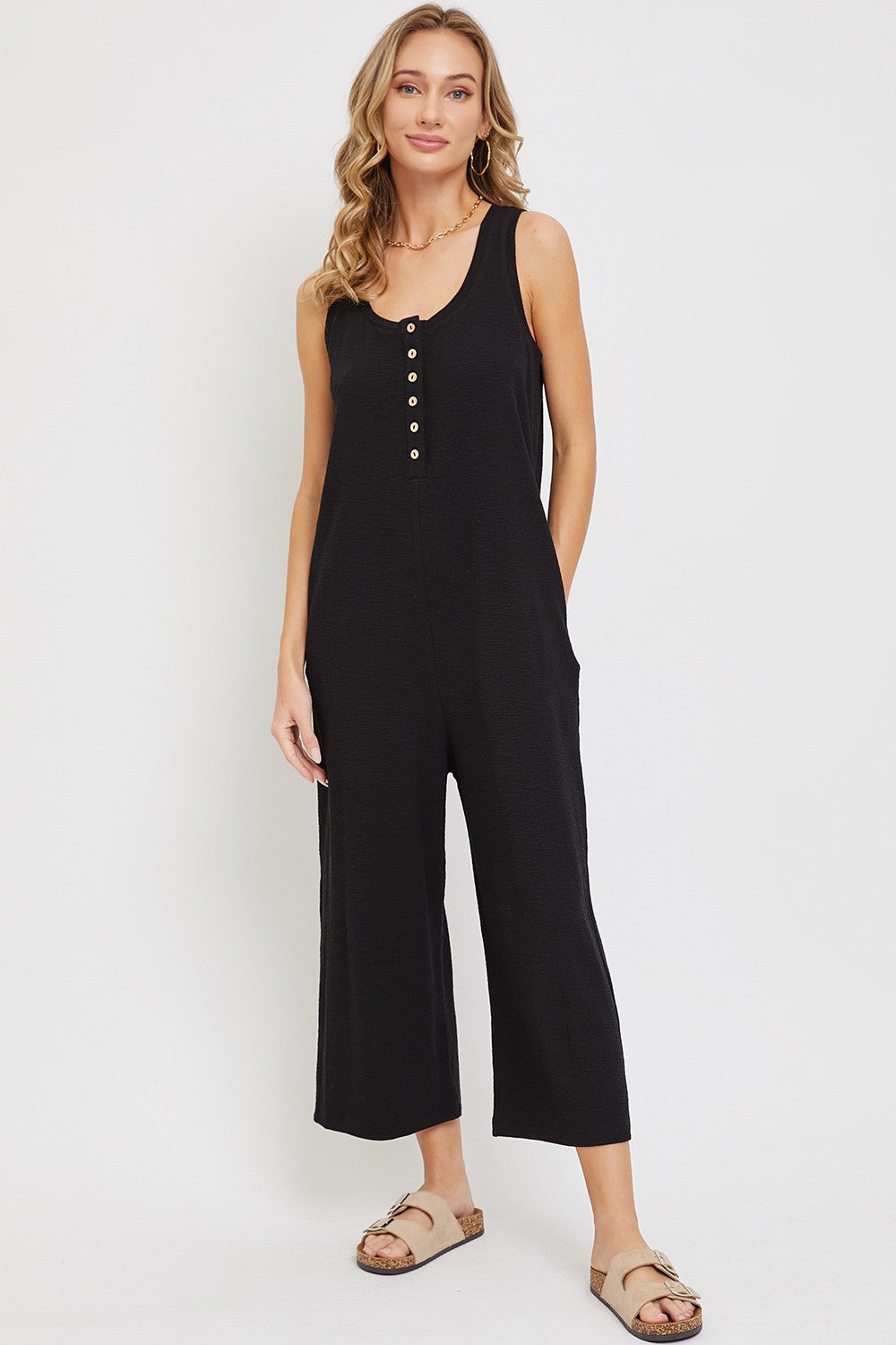Black Ribbed Button Front Sleeveless Jumpsuit