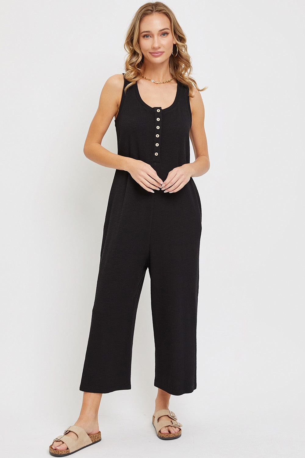 Black Ribbed Button Front Sleeveless Jumpsuit