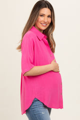 Fuchsia Linen Dolman Half Sleeve Button Down Maternity Top
