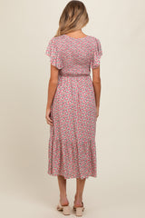 Beige Floral Smocked Maternity Midi Dress