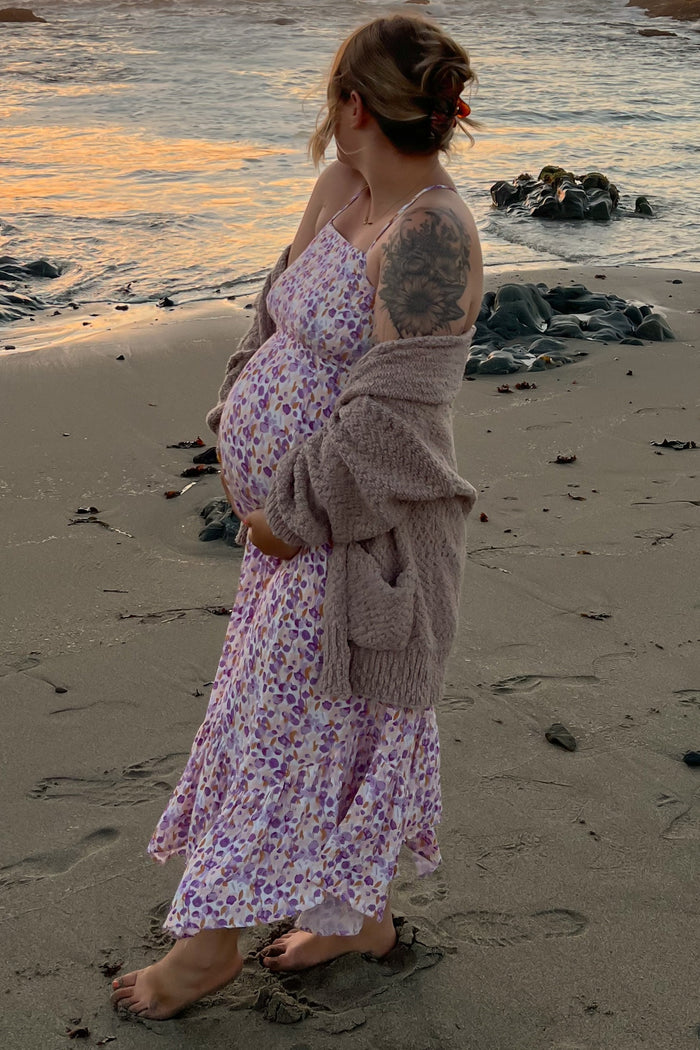 Lavender Floral Smocked Halter Flowy Maternity Maxi Dress