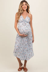 Light Blue Floral Cinched Tie Bust Maternity Midi Dress