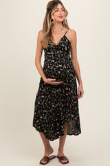 Black Floral Cinched Tie Bust Maternity Midi Dress