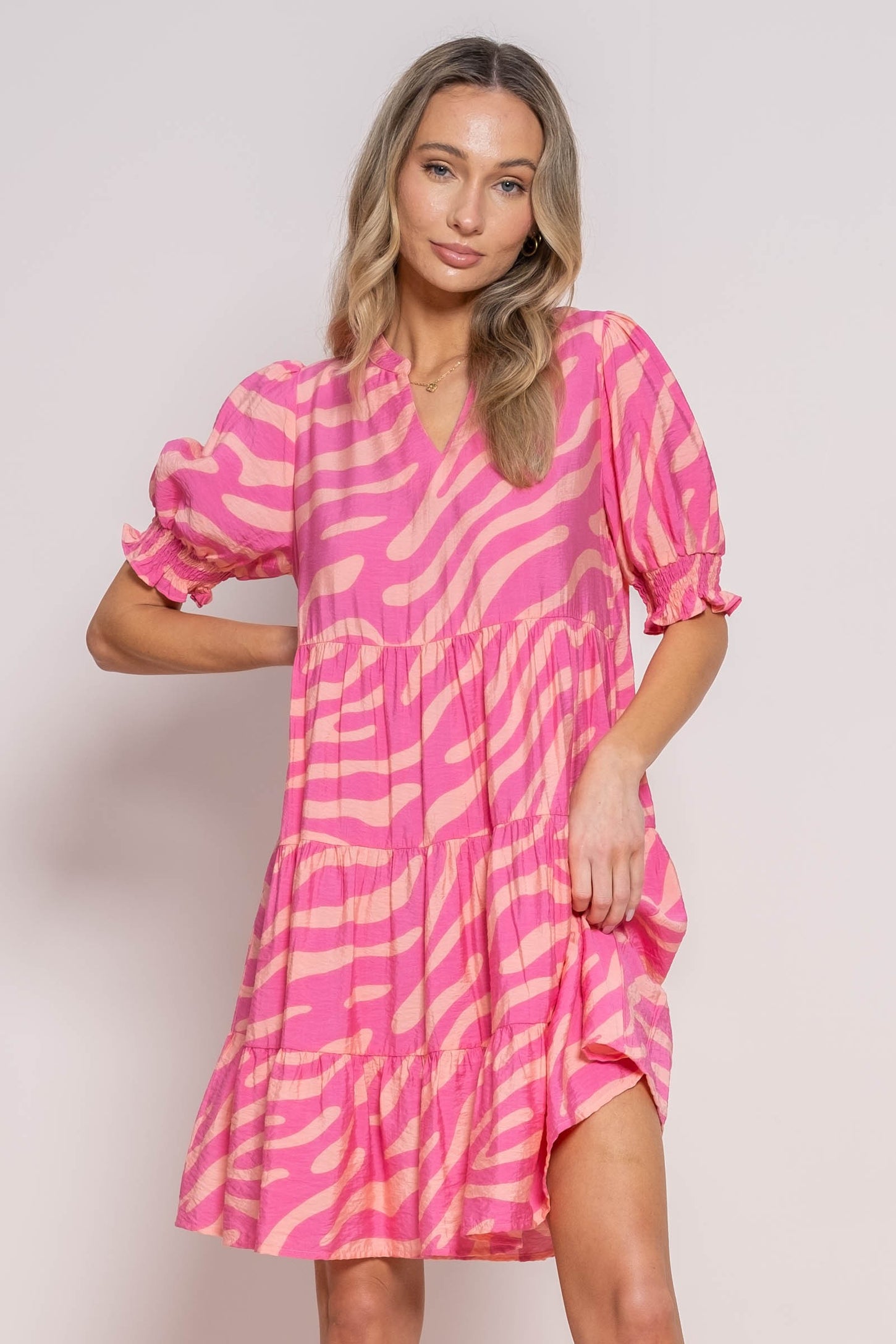 Pink Split V-Neck Smocked Short Sleeve Tiered Maternity Dress