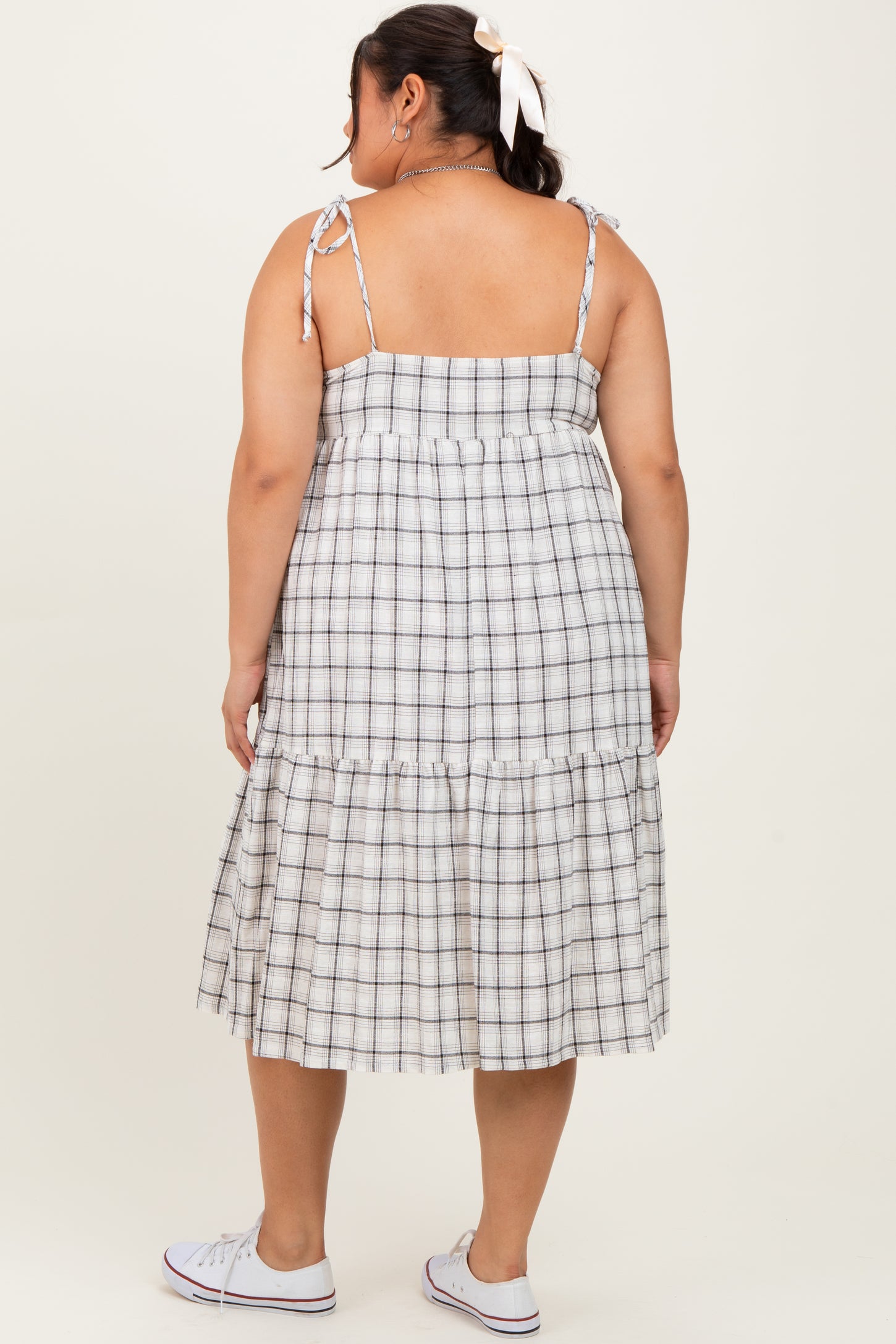 Ivory Plaid Shoulder Tie Plus Midi Dress