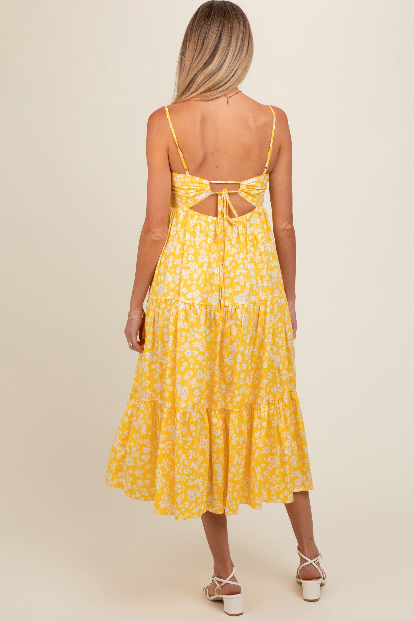 Yellow Floral Cutout Tie Back Maternity Midi Dress