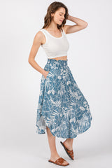 Blue Floral Smocked Waist Round Hem Midi Skirt
