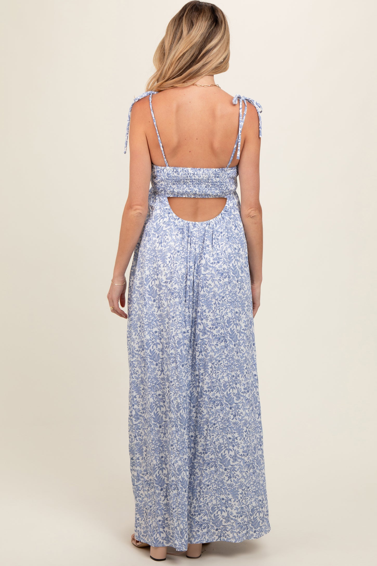 Blue Leaf Print Shoulder Strap Maternity Maxi Dress