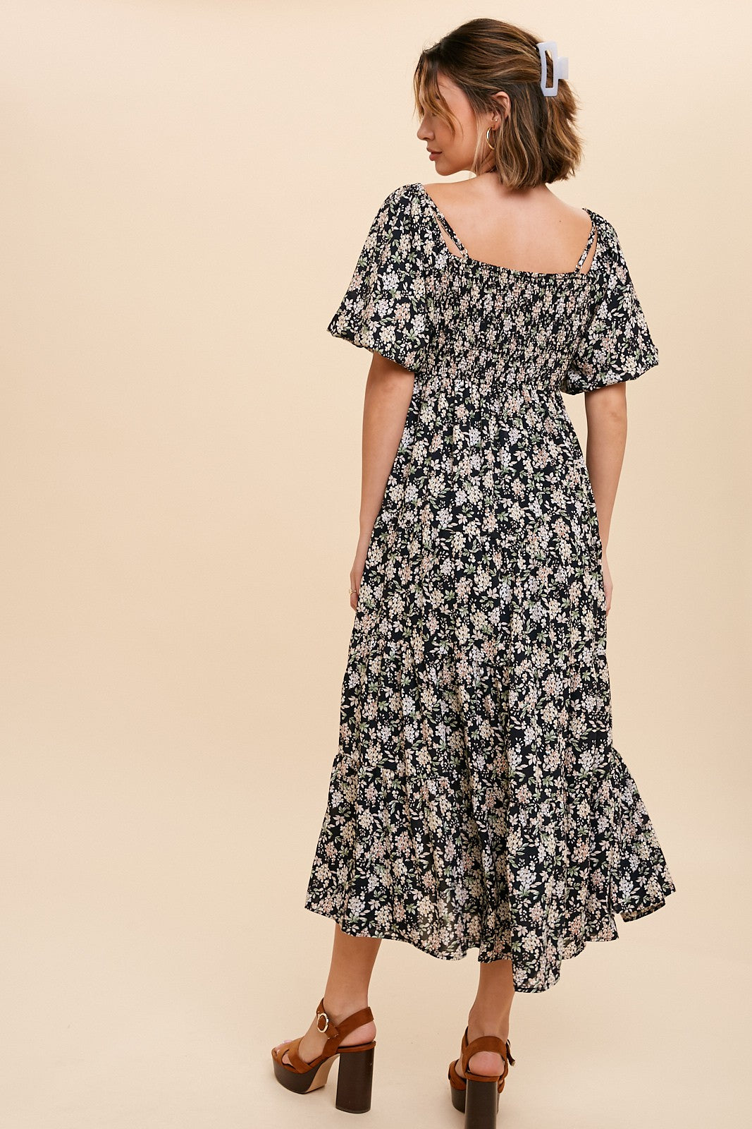 Black Floral Ruched Strappy V-Neck Front Puff Short Sleeve Midi Dress
