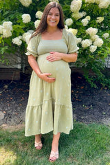 Light Olive Gauze Smocked Embroidered Square Neck Maternity Midi Dress