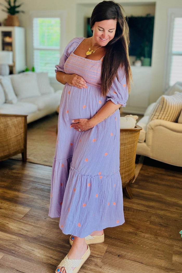 Lavender Gauze Smocked Embroidered Square Neck Maternity Midi Dress