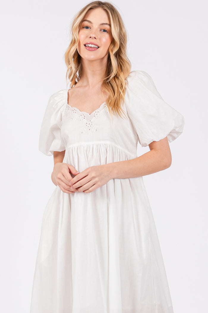 Ivory Eyelet Scalloped V-Neck Short Puff Sleeve Midi Dress