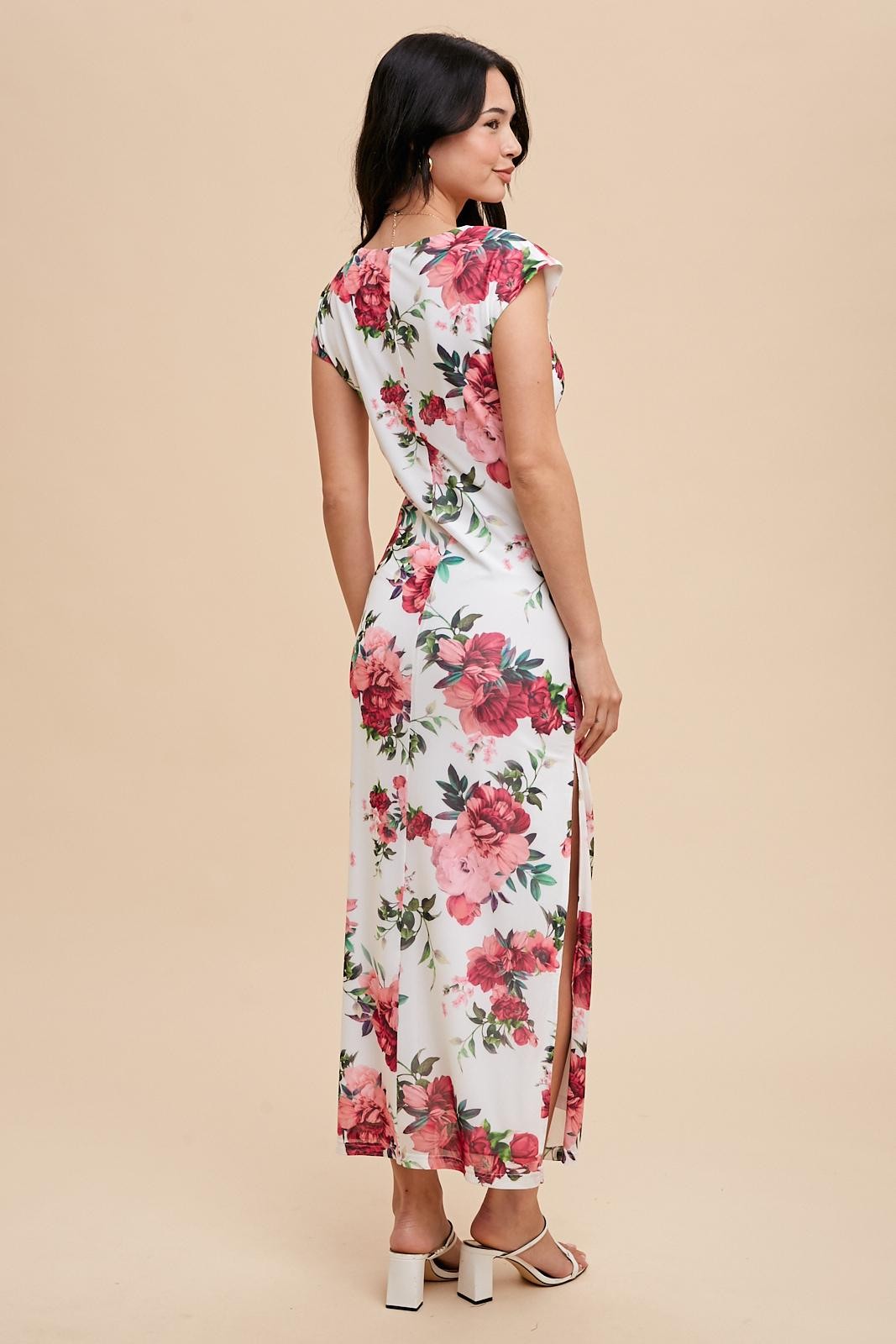 Pink Floral Mesh Ruched Sides Maxi Dress