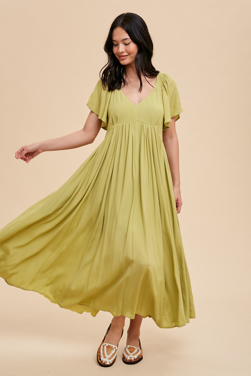 Light Olive V-Neck Flutter Short Sleeve Maternity Midi Dress