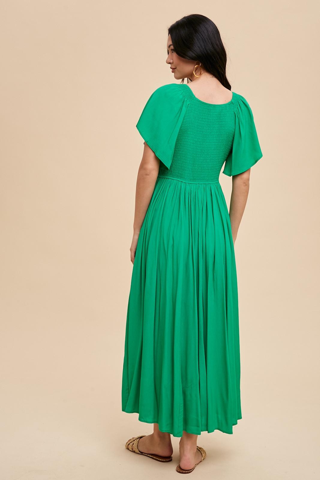 Green V-Neck Flutter Short Sleeve Midi Dress