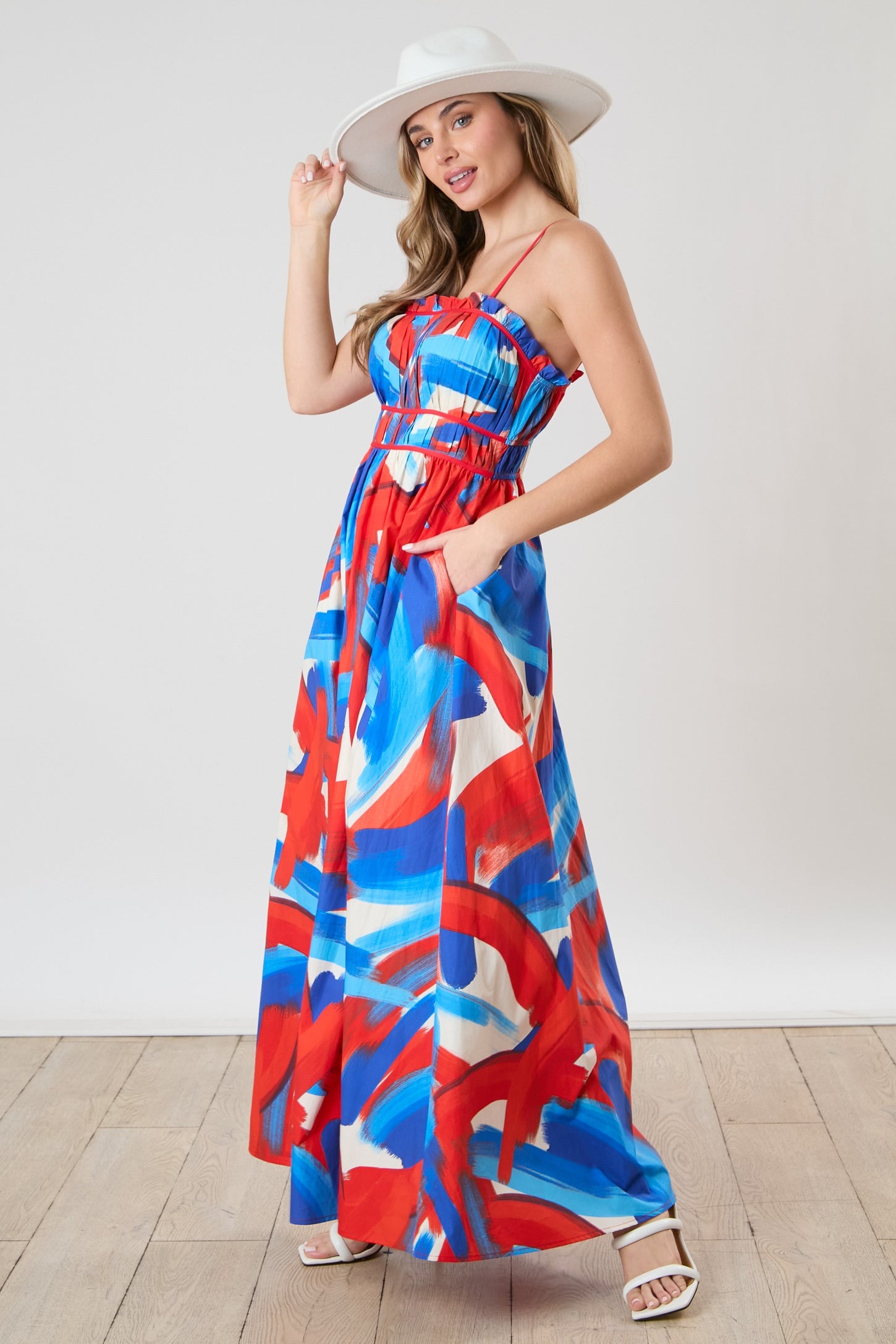 Red Pleated Binding Brushed Print Maxi Dress