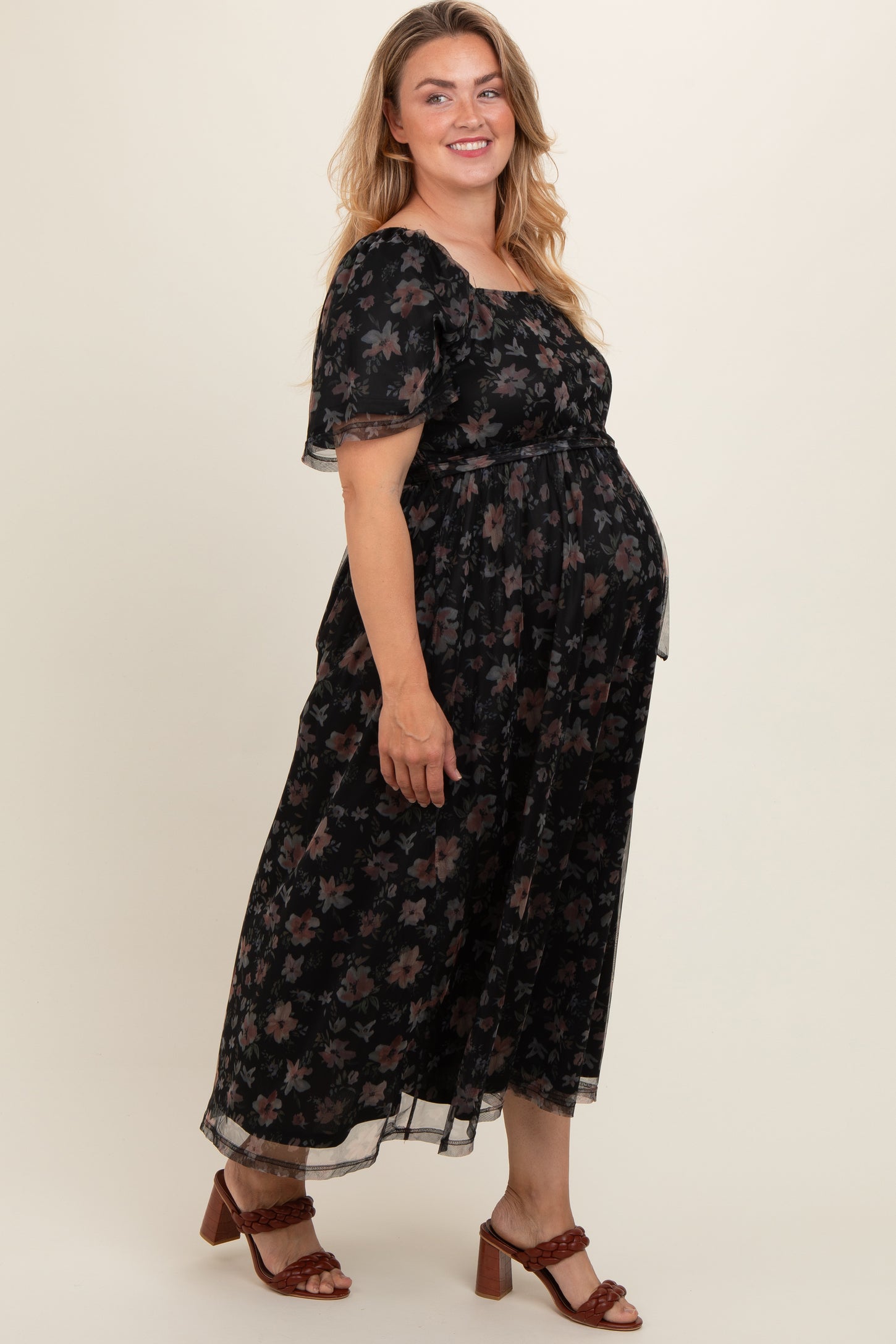 Black Floral Waist Tie Plus Maternity Midi Dress
