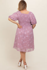 Pink Floral Embroidered Puff Sleeve Plus Maternity Midi Dress