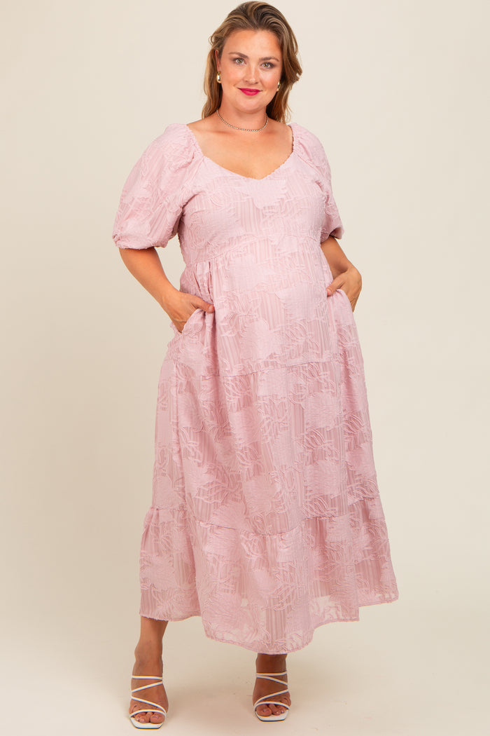 Light Pink Embroidered Leaf Print Striped Maternity Plus Maxi Dress